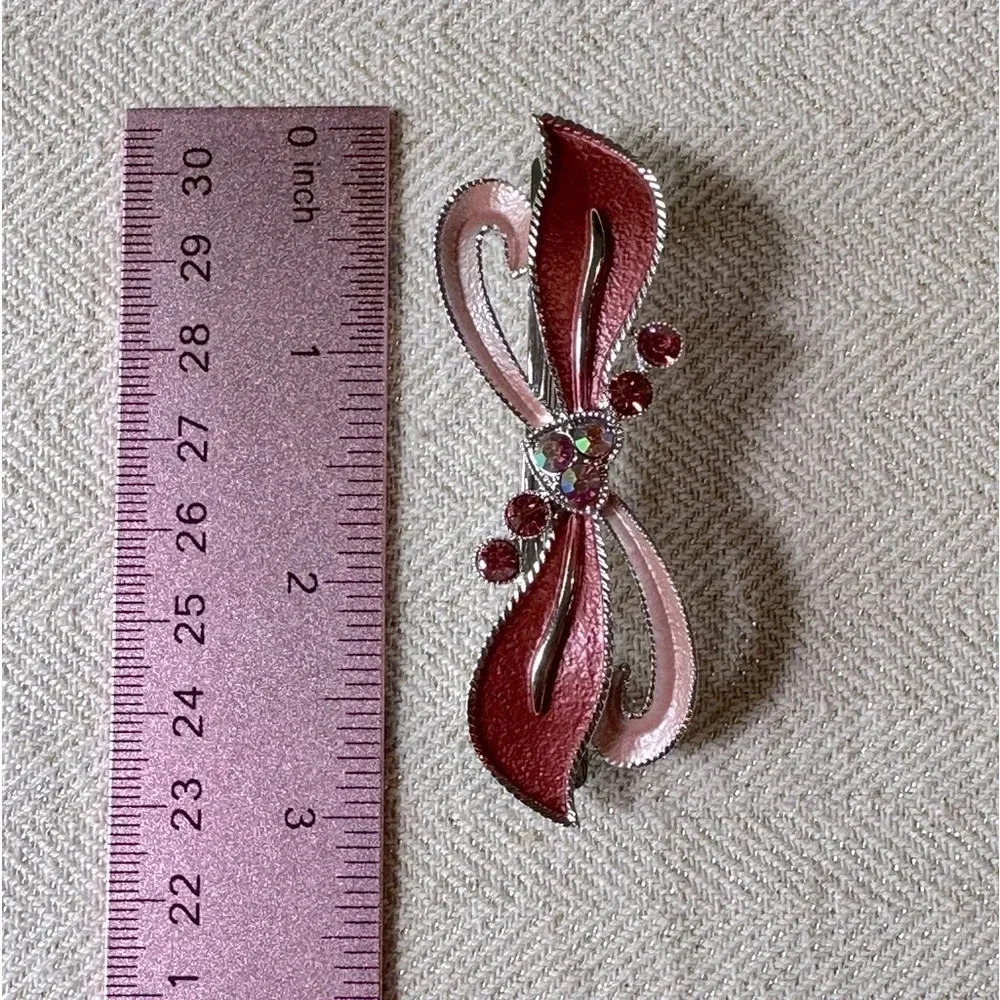 Rose Peachy Pink Enamel and Crystal Bow & Heart Hair Barrette - Picture 6 of 7